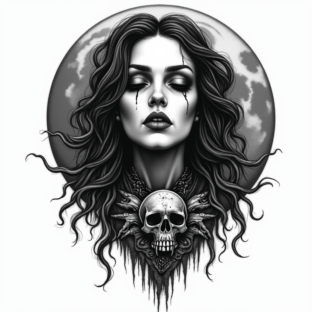 Woman of the moon in horror tattoo style, showcasing haunting and unsettling, dark and gritty textures with skulls, eerie faces, jgged designs, bold and intense shading - Variation 4
