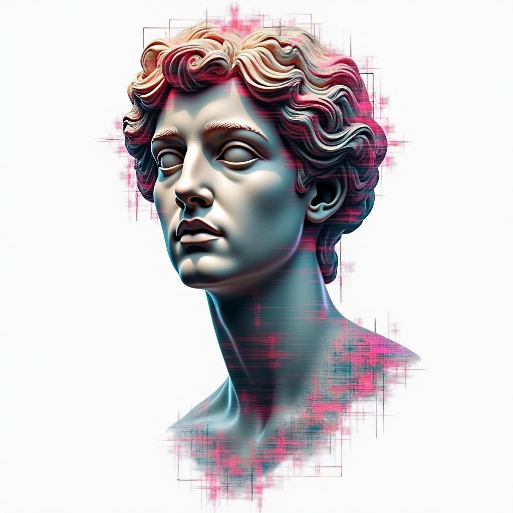 Silent Hillin distorted and fragmented tattoo design, featuring a classical statue bust, in a glitch art style with vibrant, overlapping colors of cyan, magenta, and yellow, creating a digital distortion effect - Variation 3