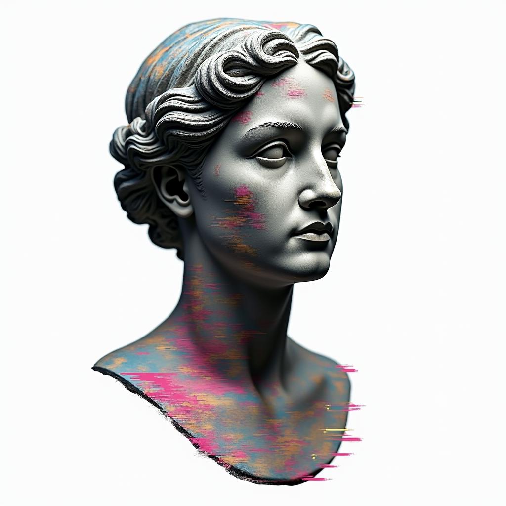 Silent Hillin distorted and fragmented tattoo design, featuring a classical statue bust, in a glitch art style with vibrant, overlapping colors of cyan, magenta, and yellow, creating a digital distortion effect - Variation 2