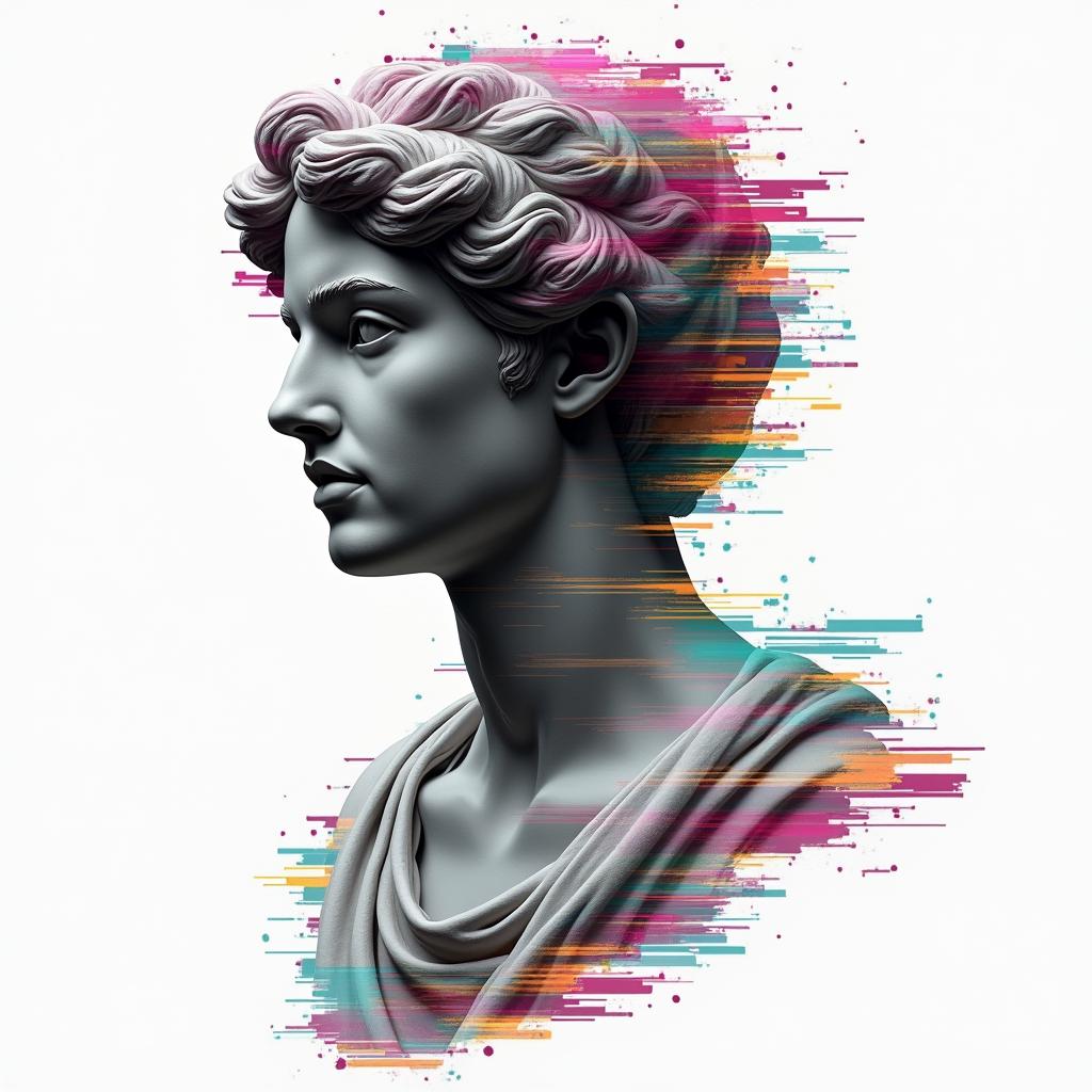 Silent Hillin distorted and fragmented tattoo design, featuring a classical statue bust, in a glitch art style with vibrant, overlapping colors of cyan, magenta, and yellow, creating a digital distortion effect