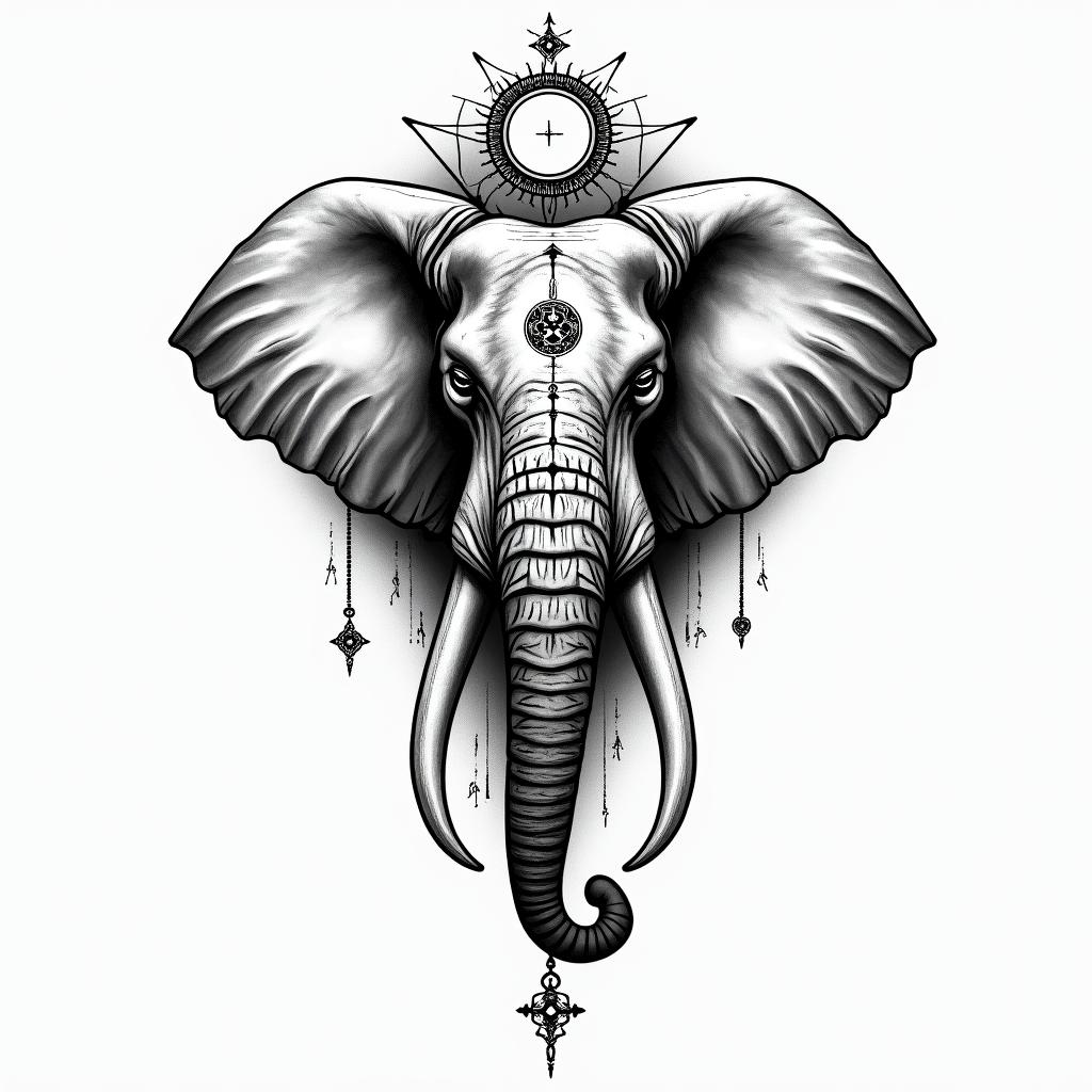 Elephantin paganic style tattoo, featuring ancient symbols, add vegvisir symbol, mystical figures, incorporating designs, pentagrams, runes, crescent moons,