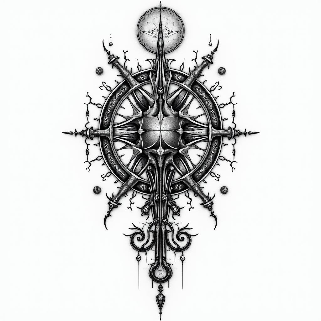 Kendriana, Scorpio, Hahirain paganic style tattoo, featuring ancient symbols, add vegvisir symbol, mystical figures, incorporating designs, pentagrams, runes, crescent moons, - Variation 4