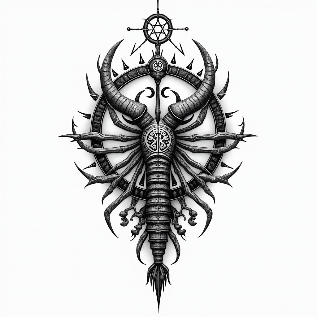 Kendriana, Scorpio, Hahirain paganic style tattoo, featuring ancient symbols, add vegvisir symbol, mystical figures, incorporating designs, pentagrams, runes, crescent moons,