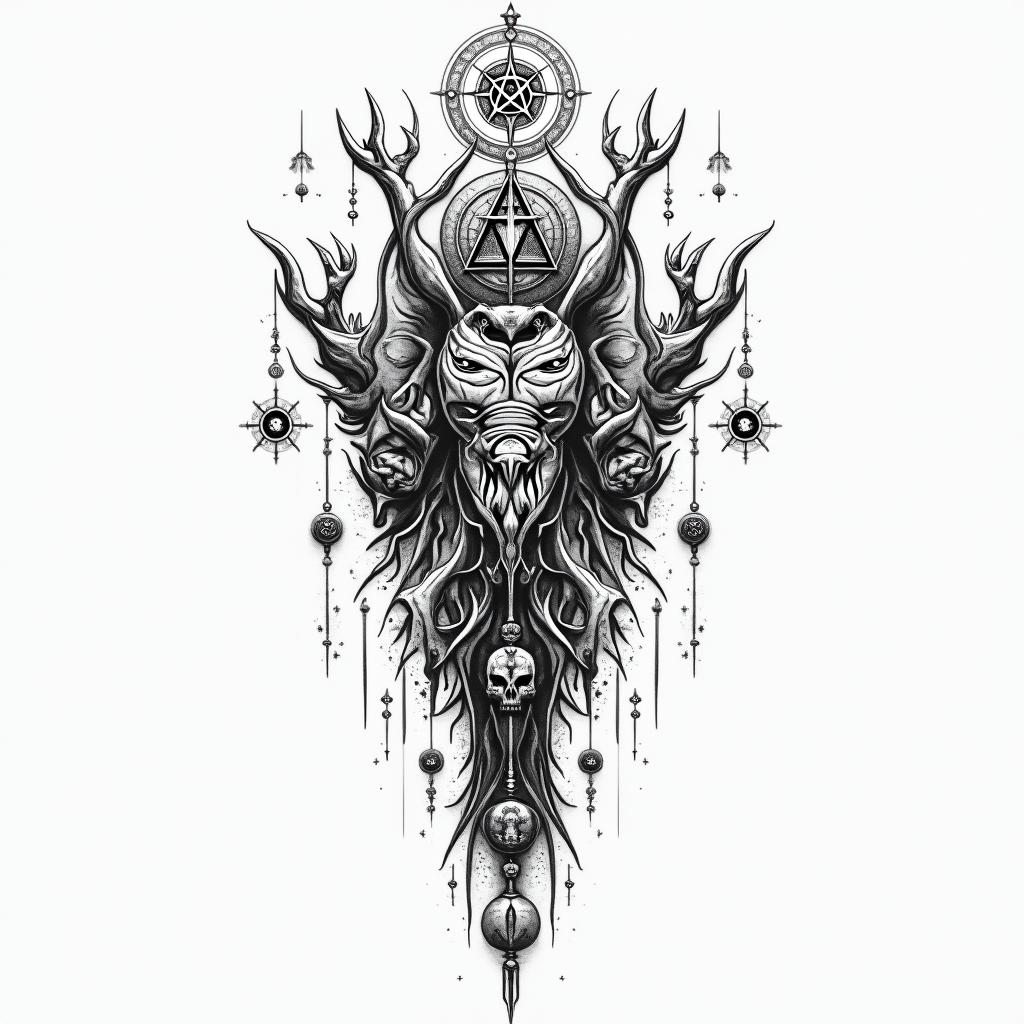 Kendriana, Scorpio, Hahirain paganic style tattoo, featuring ancient symbols, add vegvisir symbol, mystical figures, incorporating designs, pentagrams, runes, crescent moons, - Variation 3