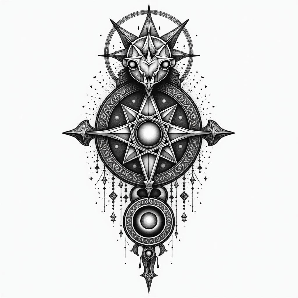 Kendriana, Scorpio, Hahirain paganic style tattoo, featuring ancient symbols, add vegvisir symbol, mystical figures, incorporating designs, pentagrams, runes, crescent moons, - Variation 2