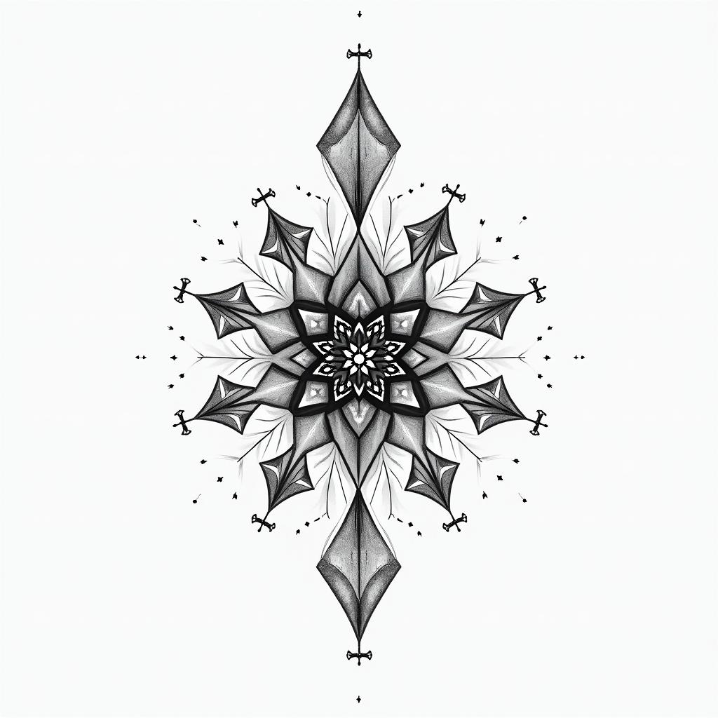 Sparkle princess minimal in geometric style tattoo, blending hexagons, mandala-inspired patterns, symmetrical and fractal design, clean lines, sharp angles