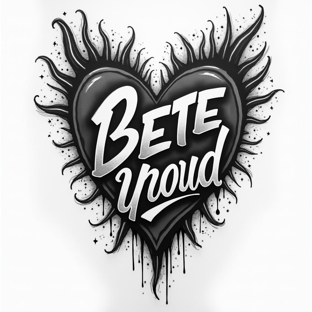My name is BETE RENAUD, Use my name. Allude to modernity and God. It’s a tattoo on the calf.in graffiti style tattoo, featuring bold and dynamic street art elements, spray-paint texture with exaggerated lines and expressive, chaotic brushstrokes, intricate lettering incorporated with graffiti tags, symbols like hearts, stars, and wings - Variation 4