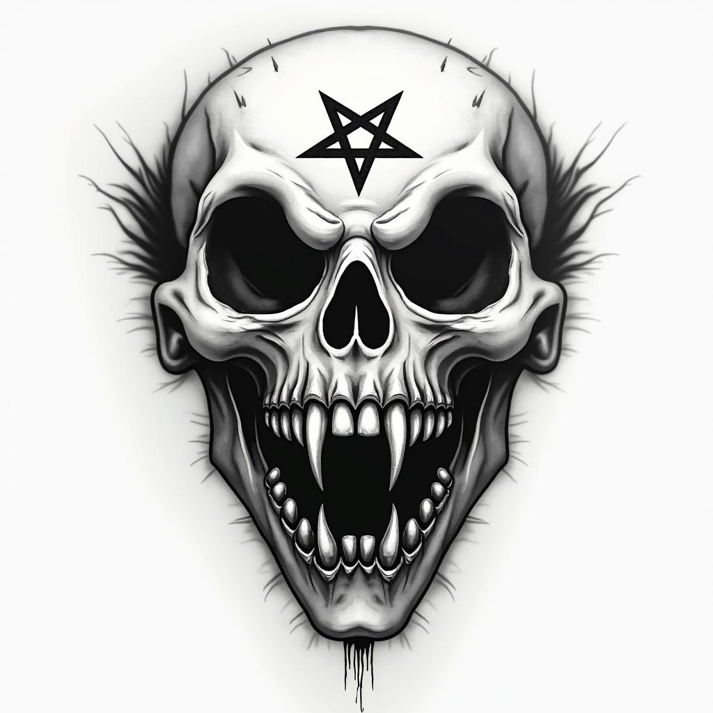 Michael Myerscreepy horror tattoo style, featuring an eerie and unsettling skull of a demonic creature, distorted face with sharp fangs, add pentagram symbol