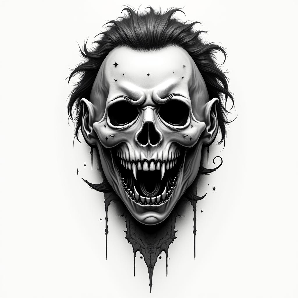 Michael Myerscreepy horror tattoo style, featuring an eerie and unsettling skull of a demonic creature, distorted face with sharp fangs, add pentagram symbol - Variation 2