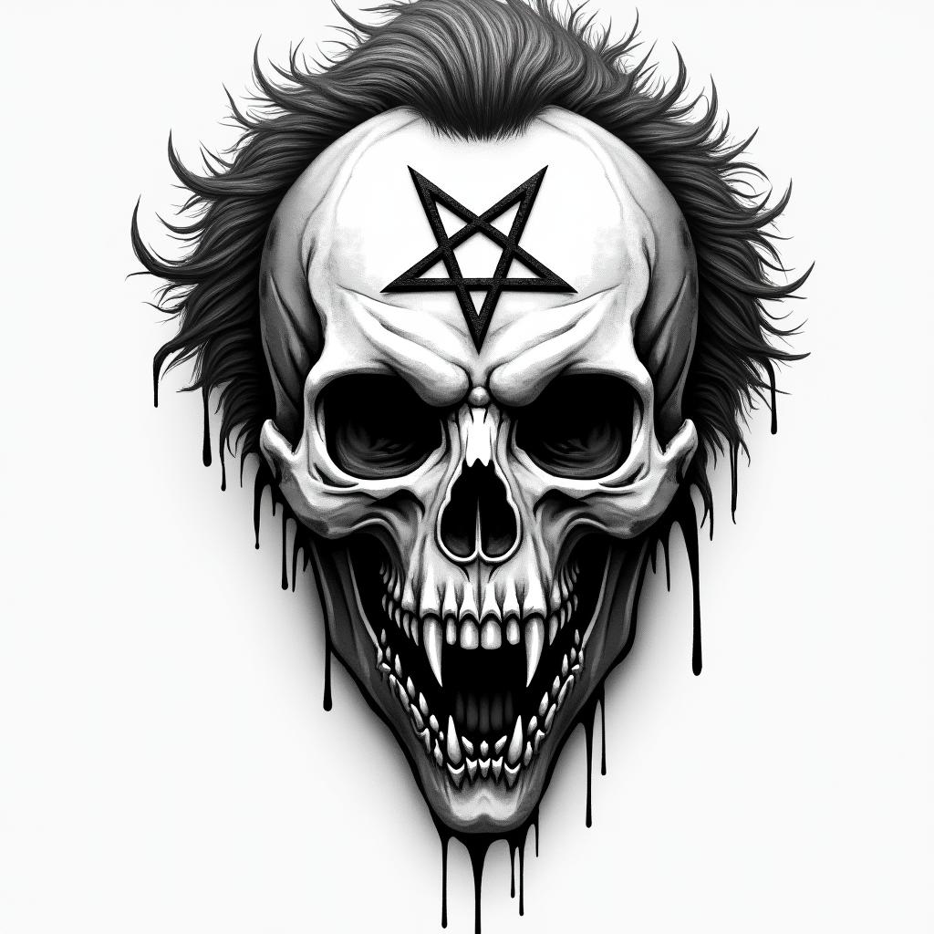 Michael Myerscreepy horror tattoo style, featuring an eerie and unsettling skull of a demonic creature, distorted face with sharp fangs, add pentagram symbol - Variation 3