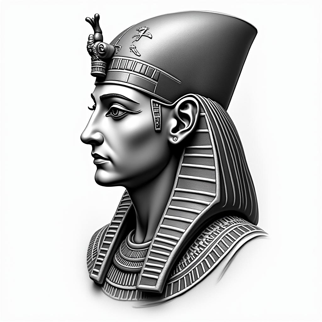 Griechischer stylein egyptian style tattoo, bold elements of ancient egyptian culture including a portrait of an Egyptian pharaoh with detailed facial features, in hieroglyphs and symbolic imagery, eye of horus, ankh symbol, scarab beetle