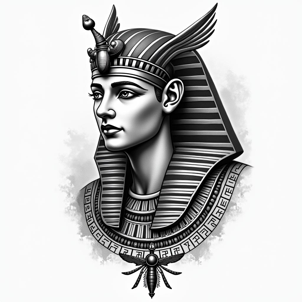 Griechischer stylein egyptian style tattoo, bold elements of ancient egyptian culture including a portrait of an Egyptian pharaoh with detailed facial features, in hieroglyphs and symbolic imagery, eye of horus, ankh symbol, scarab beetle - Variation 4