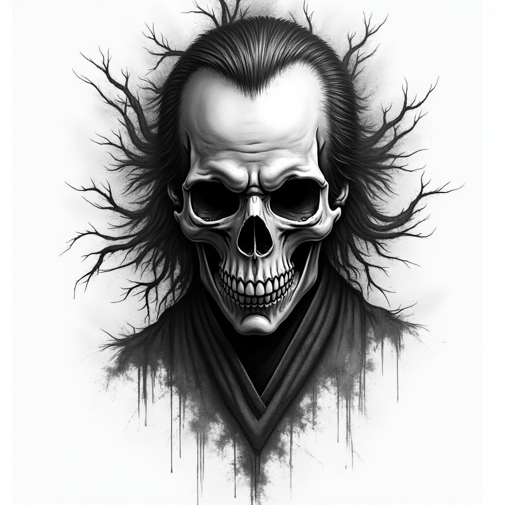 The last Samurai in sorrow in horror tattoo style, showcasing haunting and unsettling, dark and gritty textures with skulls, eerie faces, jgged designs, bold and intense shading - Variation 4