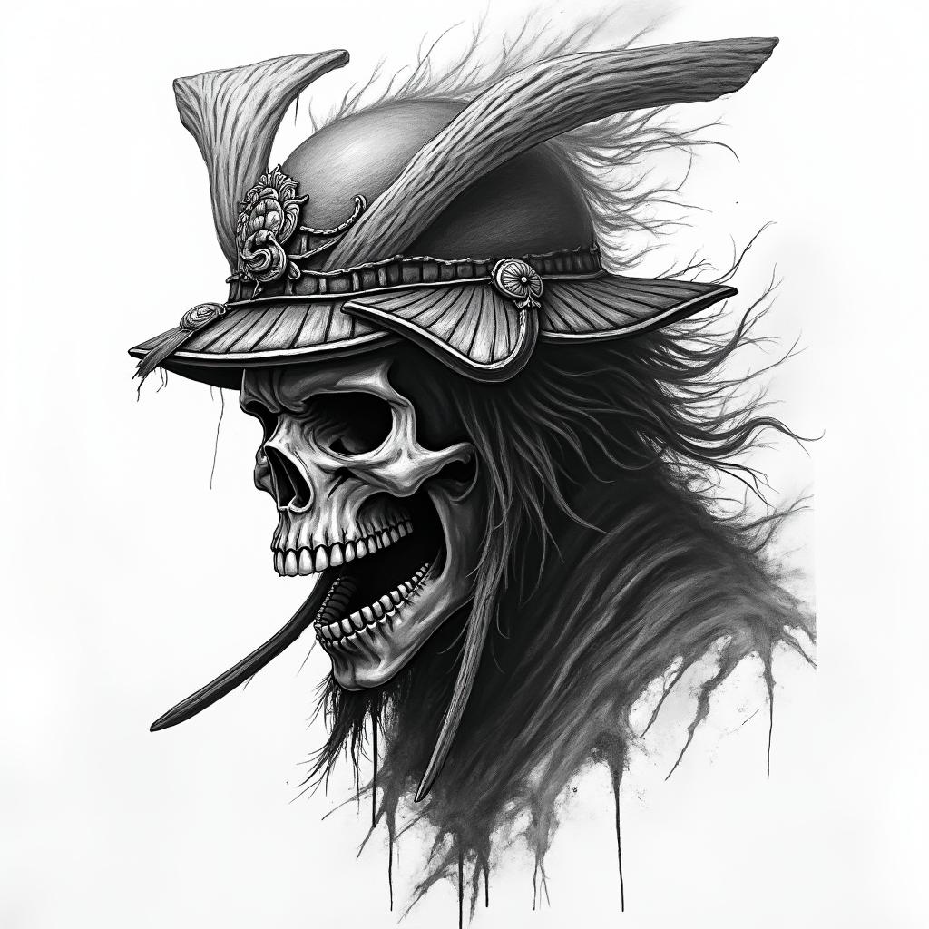 The last Samurai in sorrow in horror tattoo style, showcasing haunting and unsettling, dark and gritty textures with skulls, eerie faces, jgged designs, bold and intense shading - Variation 3