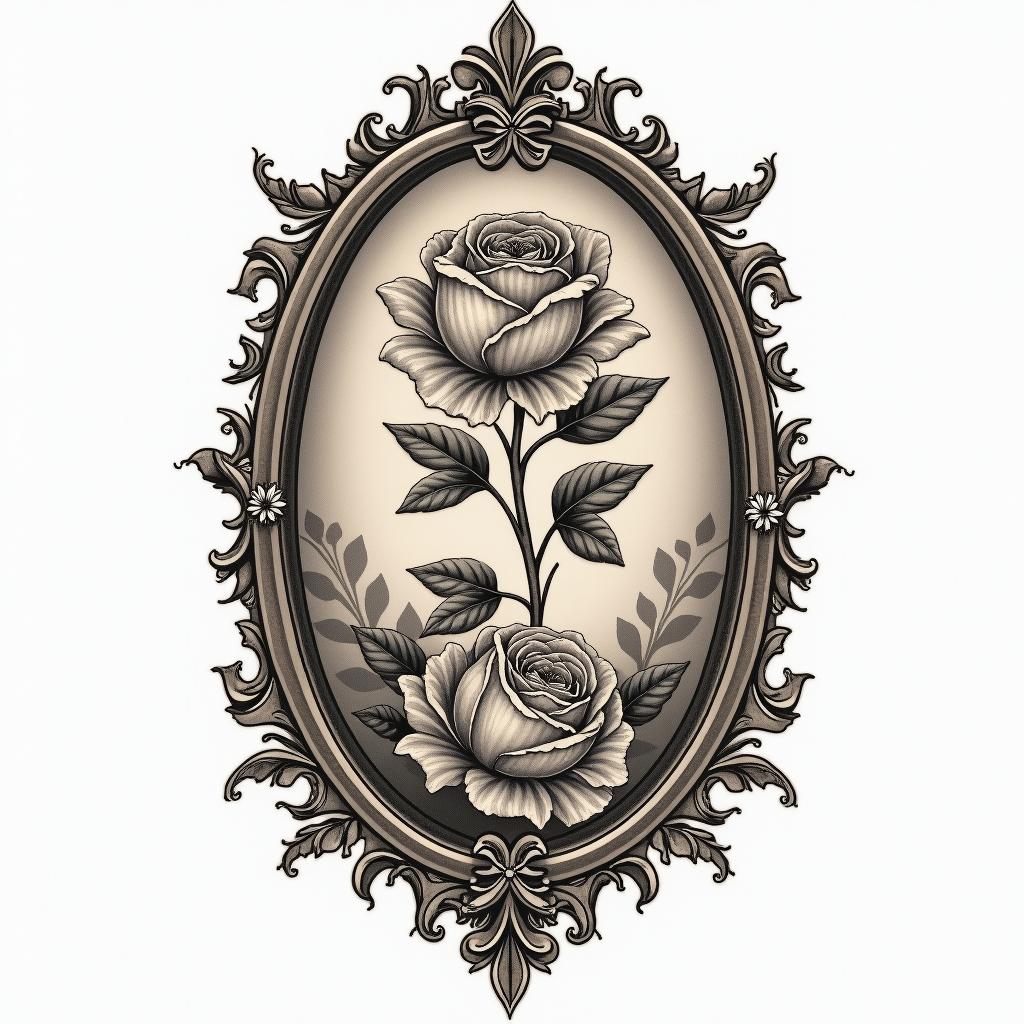 Griechischer stylein victorian style tattoo, featuring vintage and elegant elements, ornate frames, roses, antique, sepia-toned color scheme - Variation 2