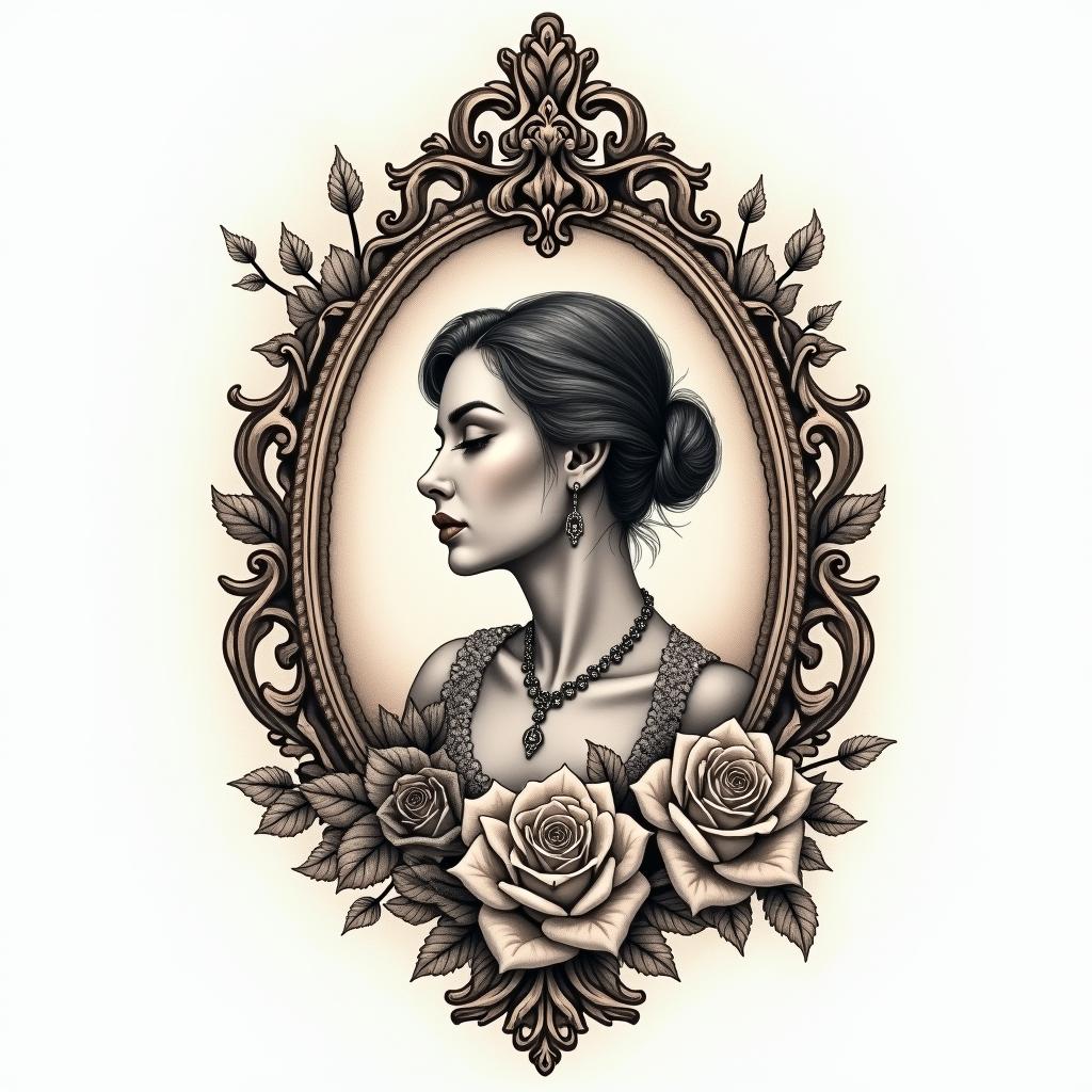 Griechischer stylein victorian style tattoo, featuring vintage and elegant elements, ornate frames, roses, antique, sepia-toned color scheme - Variation 3