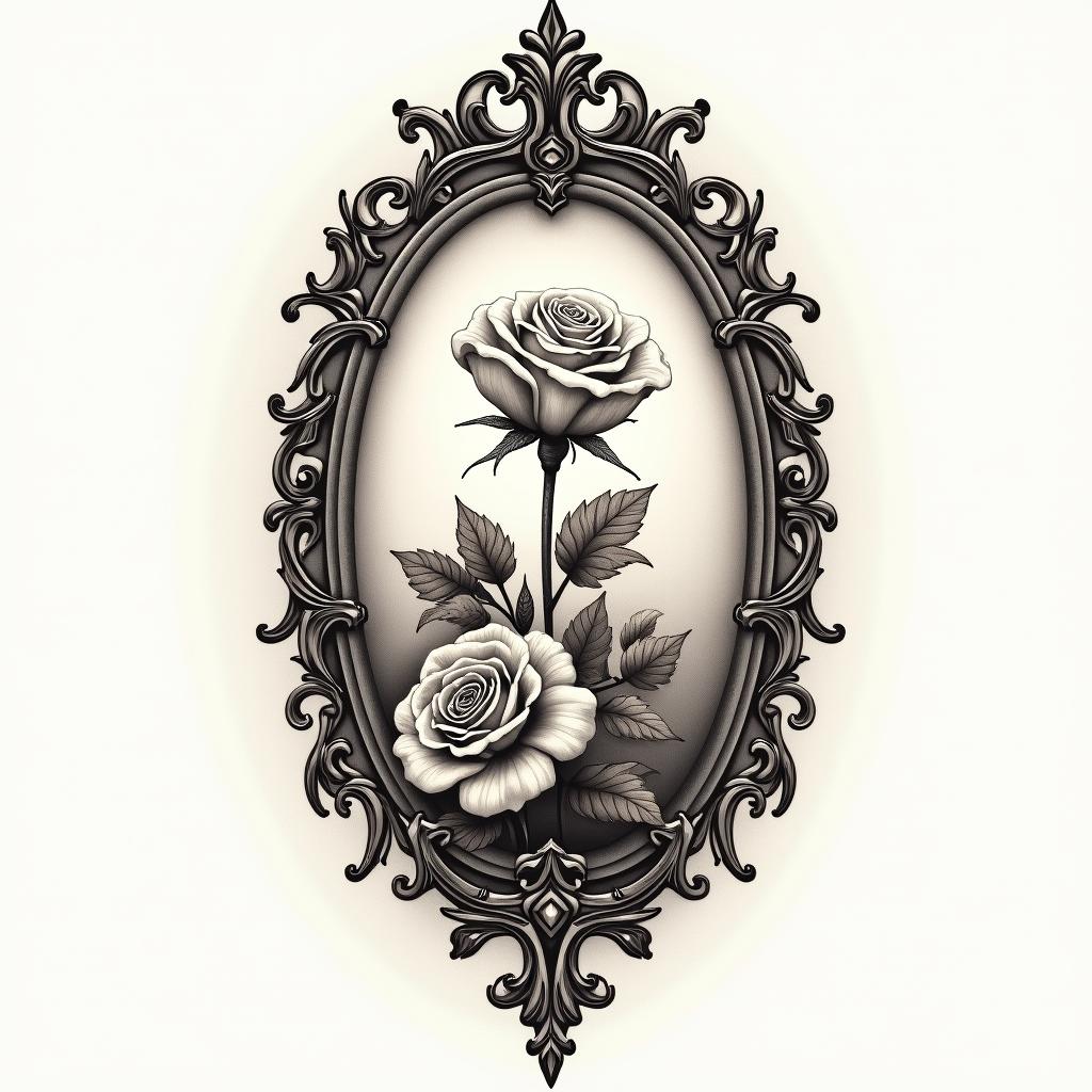 Griechischer stylein victorian style tattoo, featuring vintage and elegant elements, ornate frames, roses, antique, sepia-toned color scheme