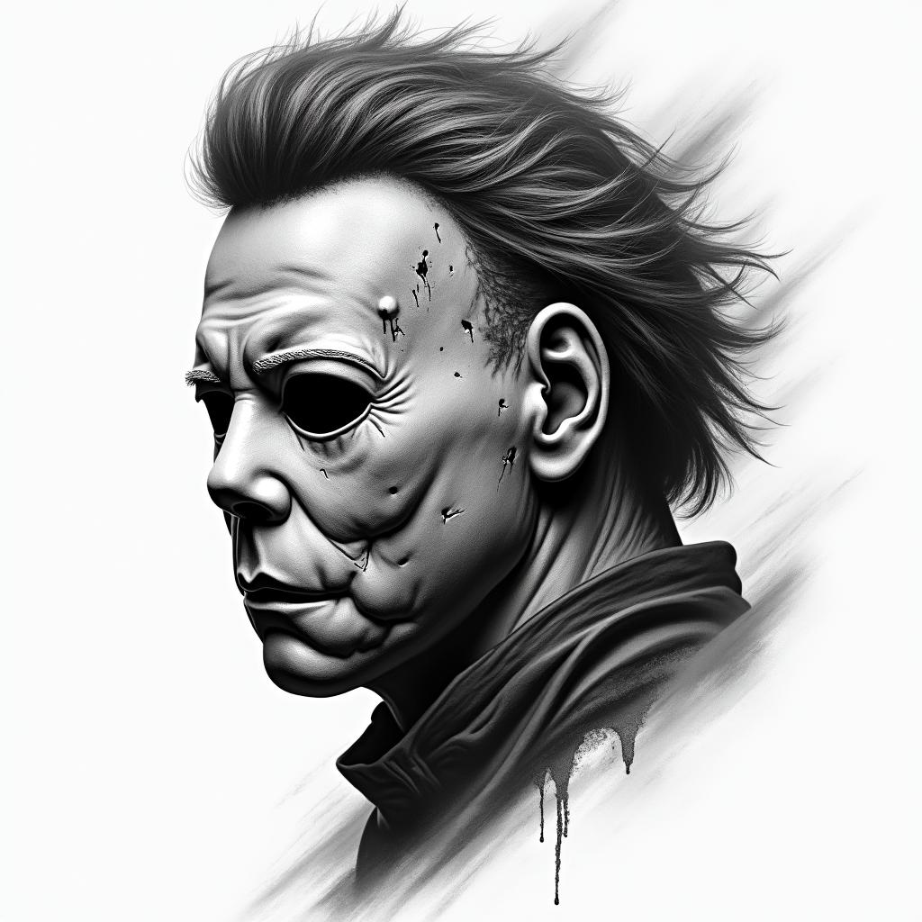 Michael Myers in horror tattoo style, showcasing haunting and unsettling, dark and gritty textures with skulls, eerie faces, jgged designs, bold and intense shading - Variation 4