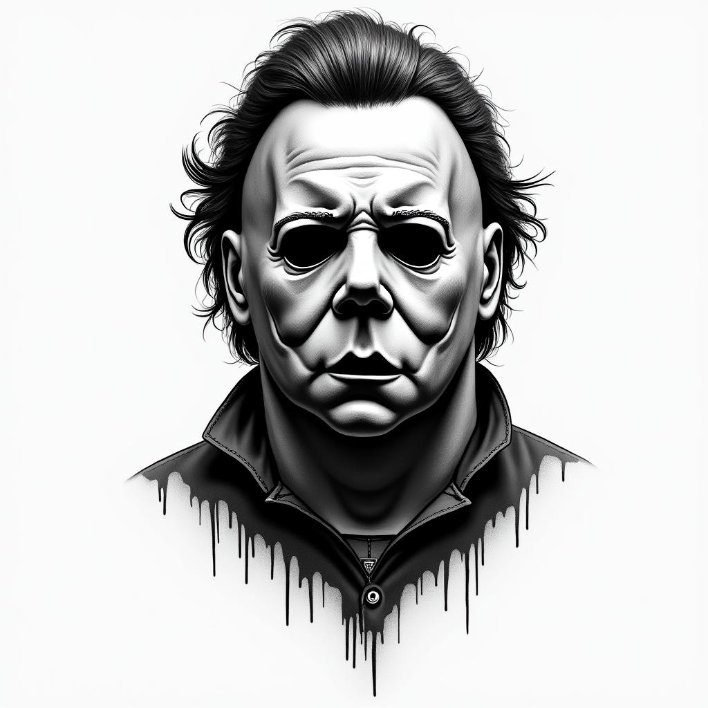 Michael Myers in horror tattoo style, showcasing haunting and unsettling, dark and gritty textures with skulls, eerie faces, jgged designs, bold and intense shading - Variation 2