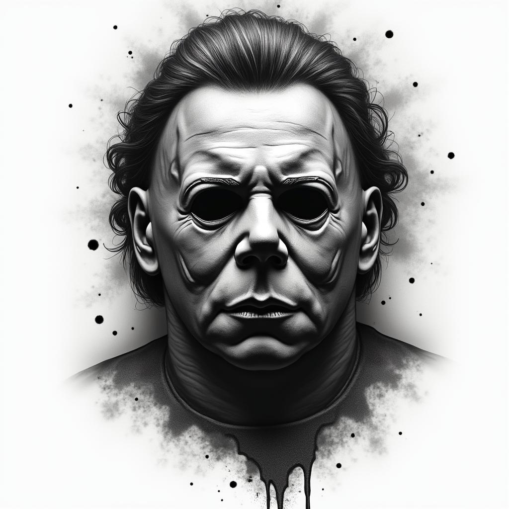 Michael Myers in horror tattoo style, showcasing haunting and unsettling, dark and gritty textures with skulls, eerie faces, jgged designs, bold and intense shading