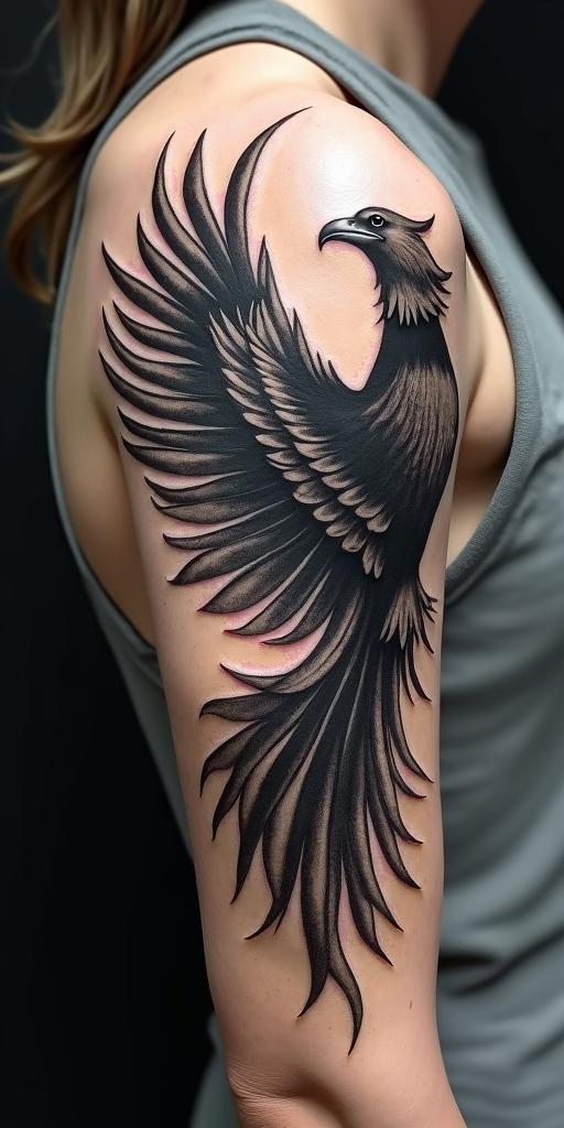 arm cover up, mother of 3 kids relating to a phoenixin graffiti style tattoo, featuring bold and dynamic street art elements, spray-paint texture with exaggerated lines and expressive, chaotic brushstrokes, intricate lettering incorporated with graffiti tags, symbols like hearts, stars, and wings - Variation 2