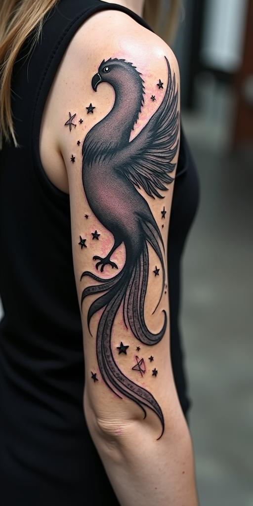 arm cover up, mother of 3 kids relating to a phoenixin graffiti style tattoo, featuring bold and dynamic street art elements, spray-paint texture with exaggerated lines and expressive, chaotic brushstrokes, intricate lettering incorporated with graffiti tags, symbols like hearts, stars, and wings - Variation 3