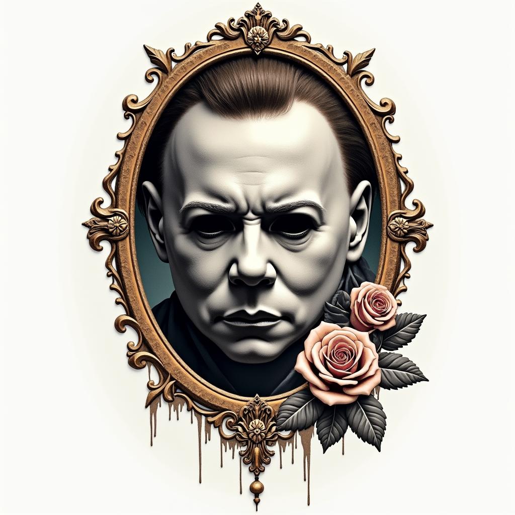 Michael Myersin victorian style tattoo, featuring vintage and elegant elements, ornate frames, roses, antique, sepia-toned color scheme - Variation 4