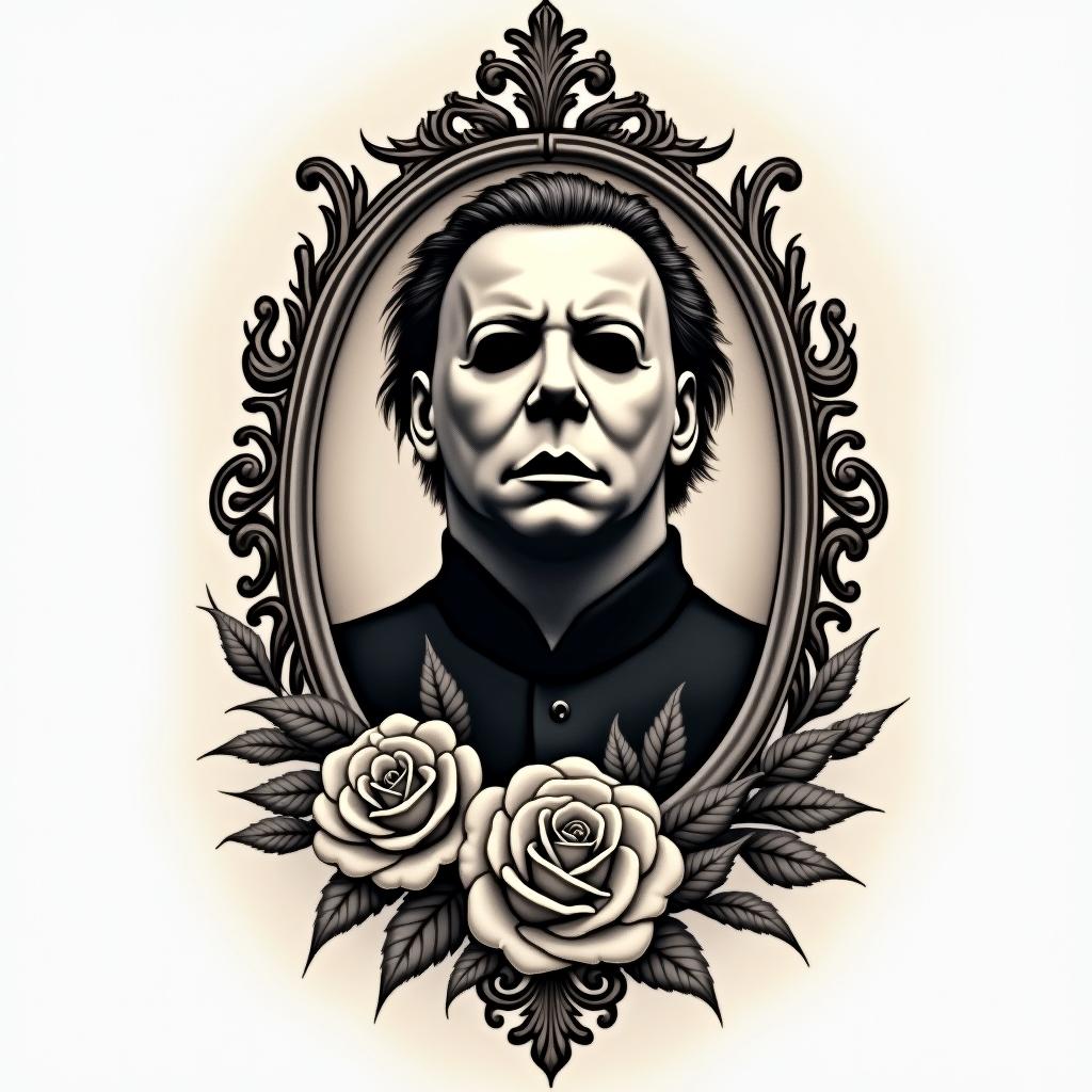 Michael Myersin victorian style tattoo, featuring vintage and elegant elements, ornate frames, roses, antique, sepia-toned color scheme