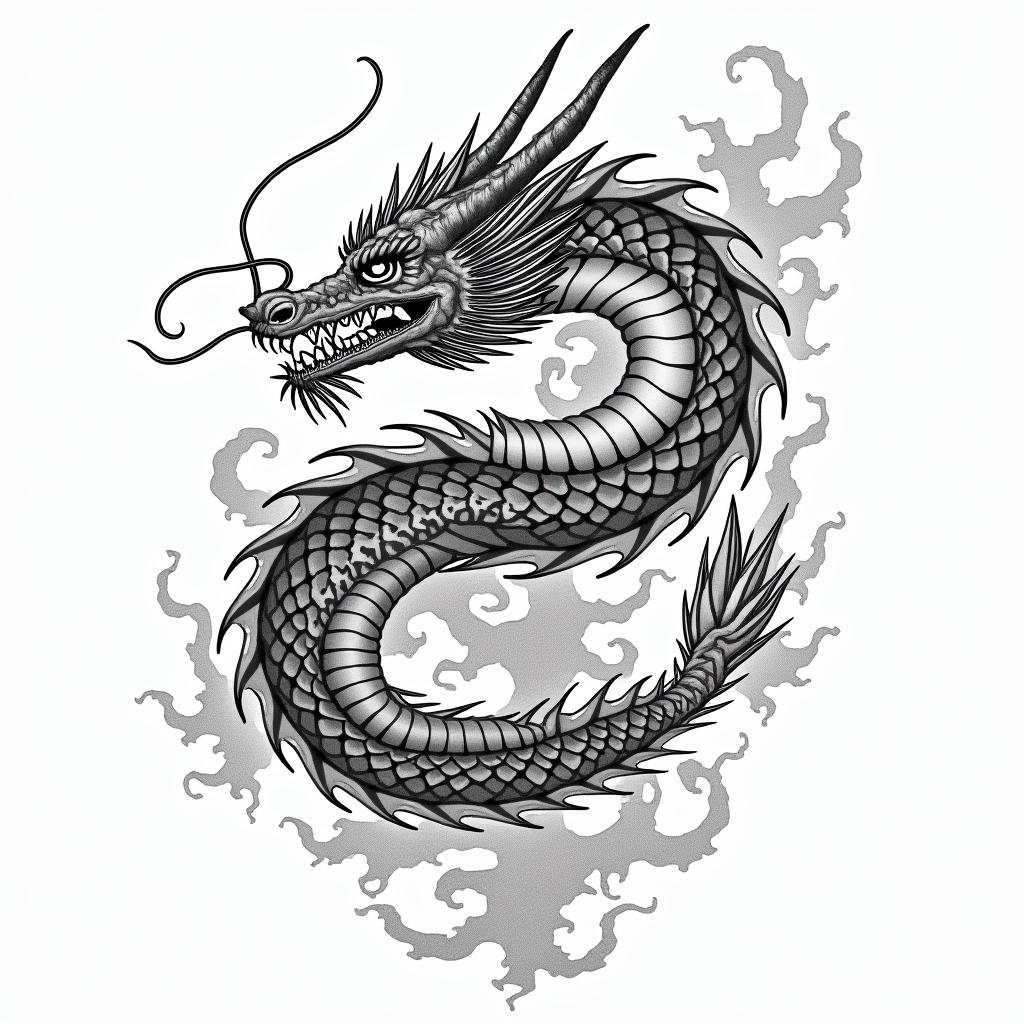 Frank William Campbell 1988 year of the dragon,water scorpion Salinas Californiain japanese style tattoo, detailed tattoo, traditional japanese culture tattoo, mythology, 8k - Variation 4