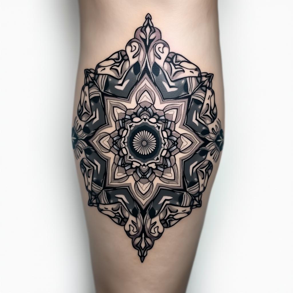 Carlos, Aries, Colombia in geometric style tattoo, blending hexagons, mandala-inspired patterns, symmetrical and fractal design, clean lines, sharp angles