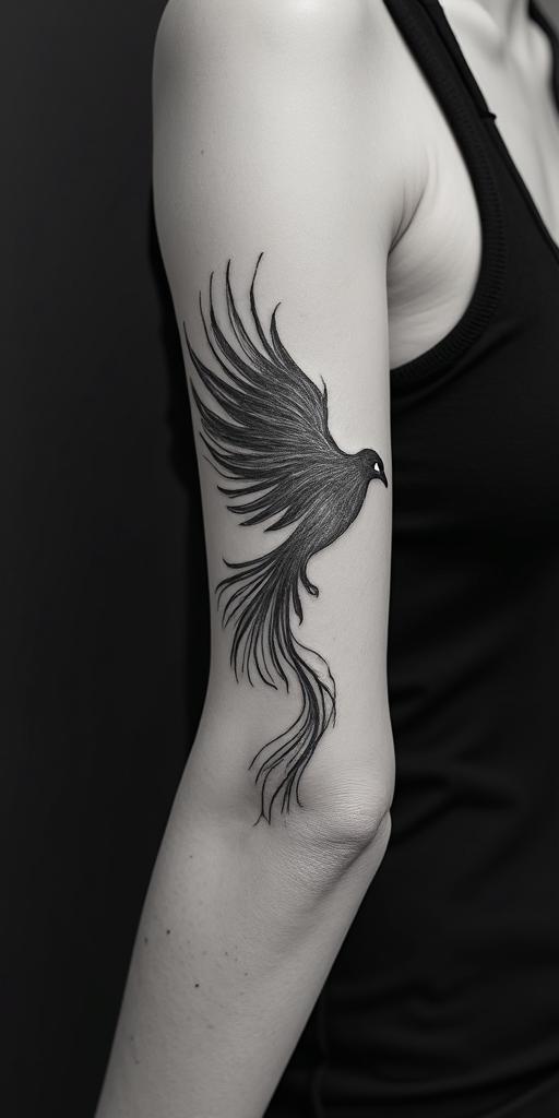 arm cover up, mother of 3 kids relating to a phoenixminimalist text-based tattoo, Monospace font ultra-realistic, perfectly placed, high-quality font design, photo-realistic shading, 8k, high quality, finely detailed typograph - Variation 4
