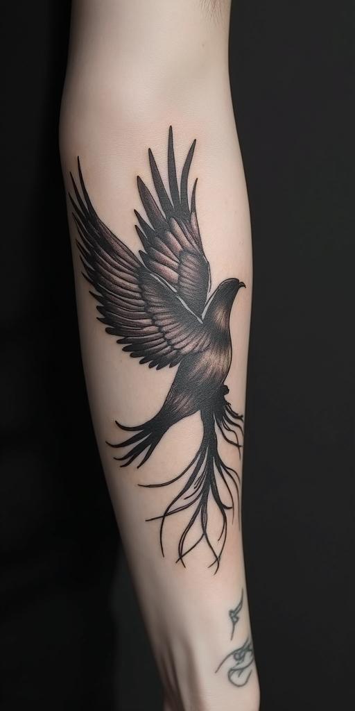 arm cover up, mother of 3 kids relating to a phoenixminimalist text-based tattoo, Monospace font ultra-realistic, perfectly placed, high-quality font design, photo-realistic shading, 8k, high quality, finely detailed typograph - Variation 2