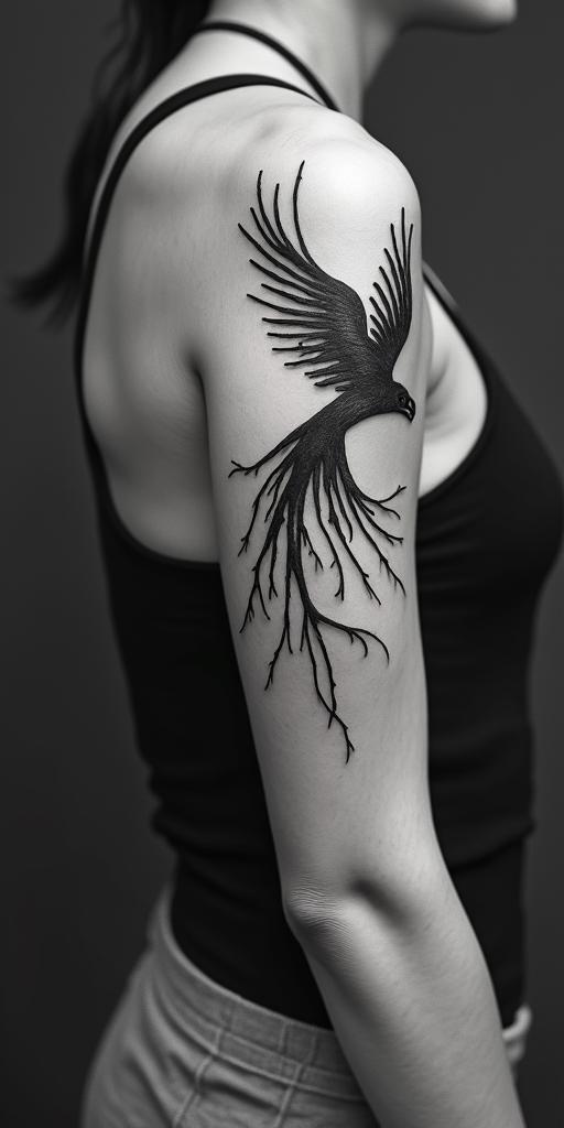 arm cover up, mother of 3 kids relating to a phoenixminimalist text-based tattoo, Monospace font ultra-realistic, perfectly placed, high-quality font design, photo-realistic shading, 8k, high quality, finely detailed typograph - Variation 3