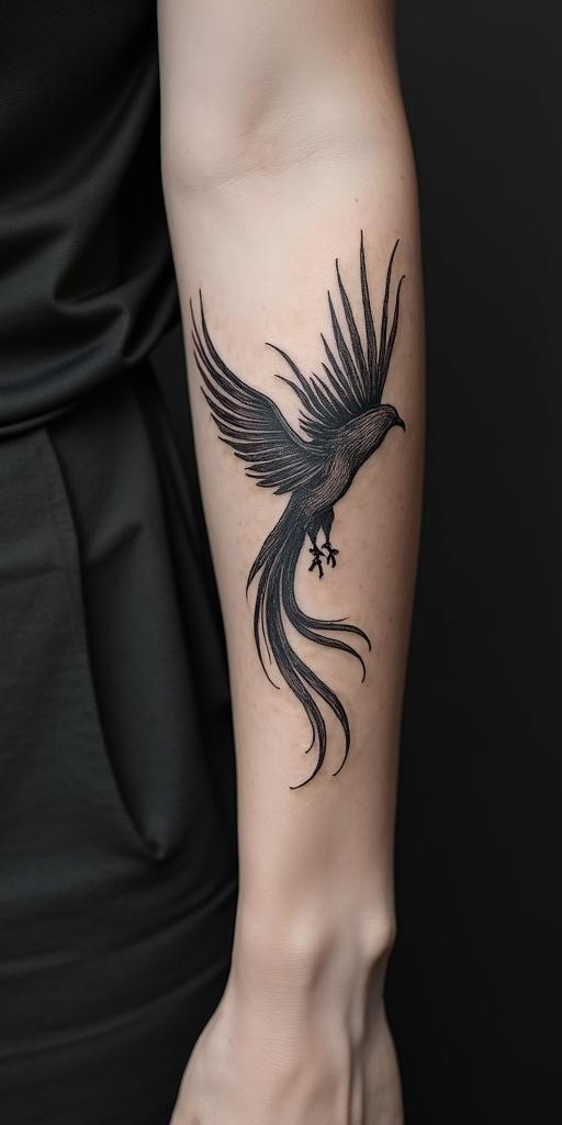 arm cover up, mother of 3 kids relating to a phoenixminimalist text-based tattoo, Monospace font ultra-realistic, perfectly placed, high-quality font design, photo-realistic shading, 8k, high quality, finely detailed typograph