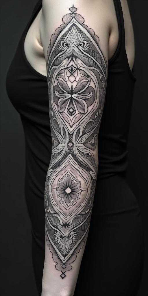 arm cover up, mother of 3 kids relating to a phoenixin dotwork style tattoo, complex mandala patterns, interlocking geometric shapes with sharp symmetry, clean lines, sharp angles - Variation 4