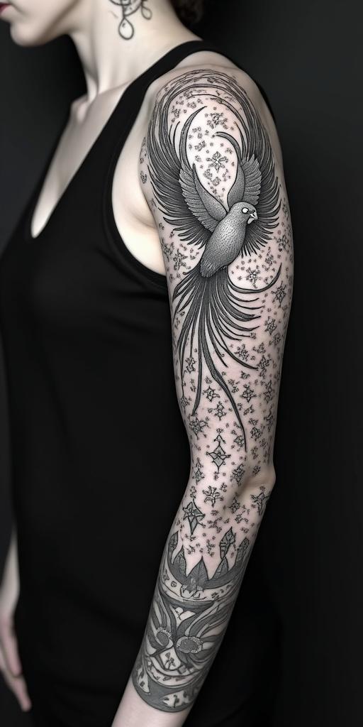 arm cover up, mother of 3 kids relating to a phoenixin dotwork style tattoo, complex mandala patterns, interlocking geometric shapes with sharp symmetry, clean lines, sharp angles - Variation 3