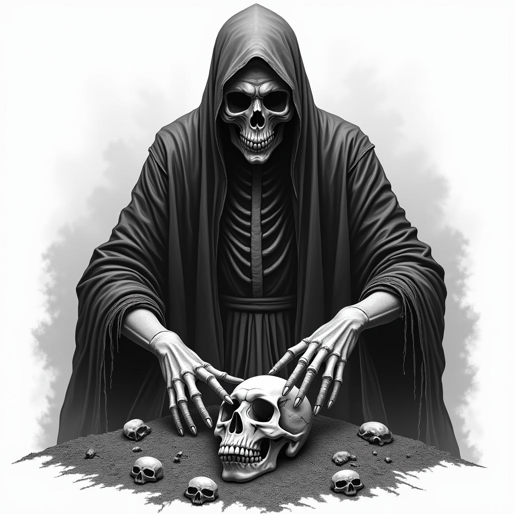 Sad grim reaper looking over grave in horror tattoo style, showcasing haunting and unsettling, dark and gritty textures with skulls, eerie faces, jgged designs, bold and intense shading - Variation 3