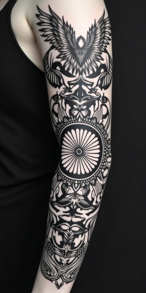 arm cover up, mother of 3 kids relating to a phoenixin dotwork style tattoo, complex mandala patterns, interlocking geometric shapes with sharp symmetry, clean lines, sharp angles - Variation 2