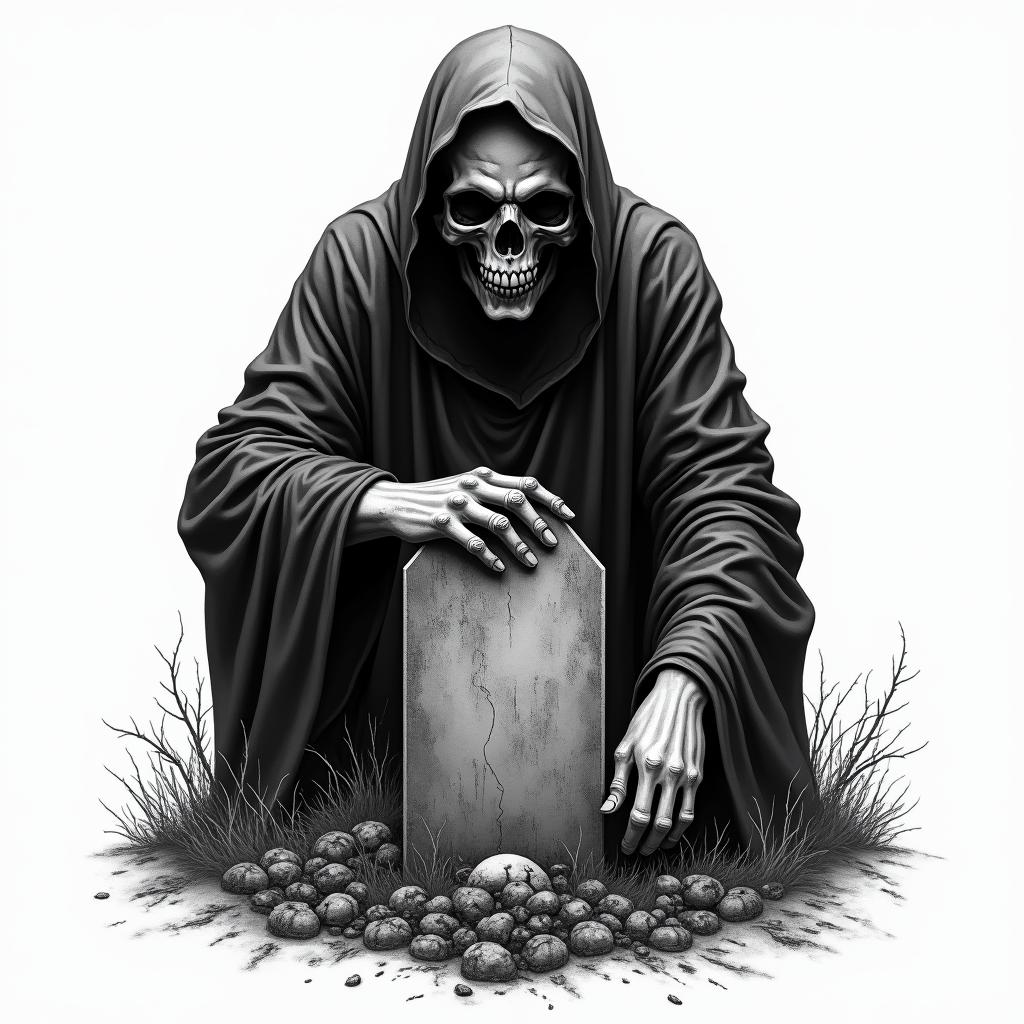 Sad grim reaper looking over grave in horror tattoo style, showcasing haunting and unsettling, dark and gritty textures with skulls, eerie faces, jgged designs, bold and intense shading - Variation 2