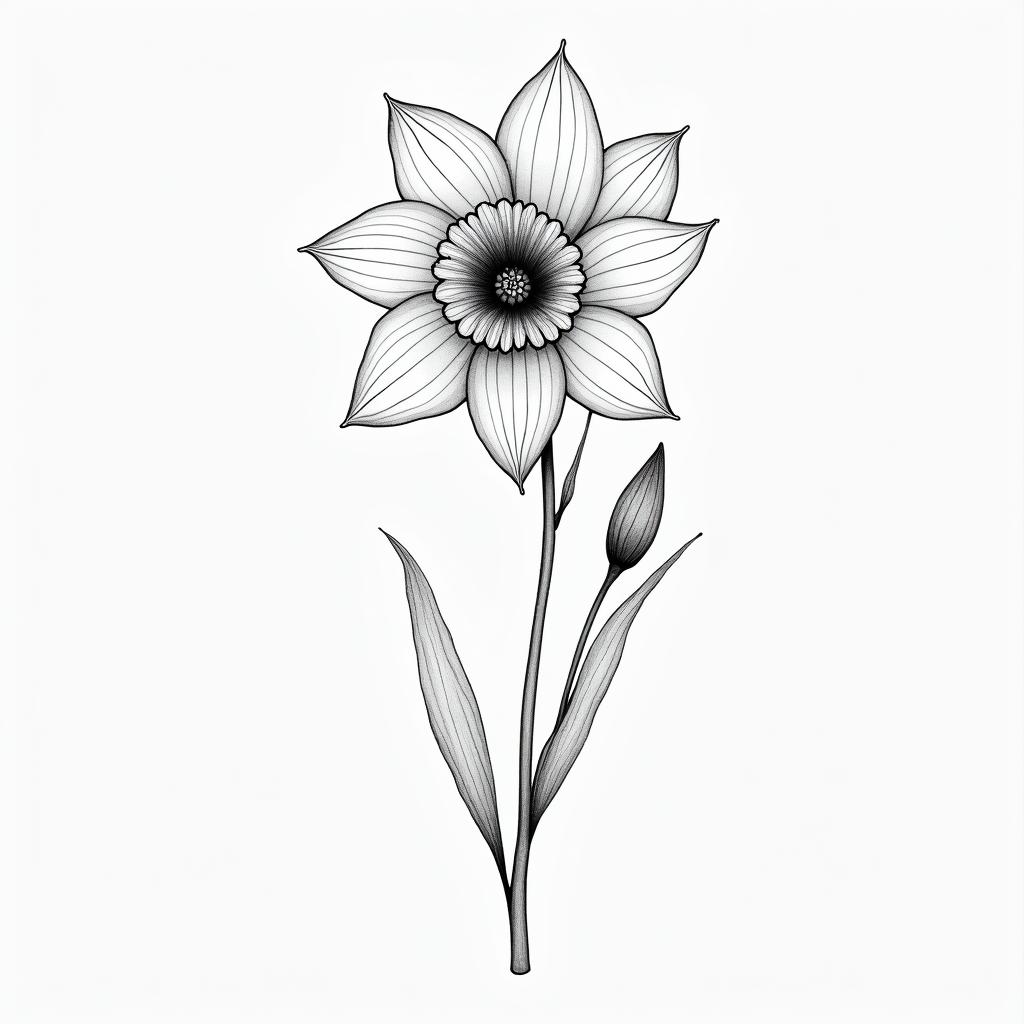 Daffodil and Delphinium with libby and Erin in the stemsin minimalist style tattoo, featuring simple shapes and fine lines, with minimal shading and details, tiny triangles, creating a sense of balance and harmony - Variation 4