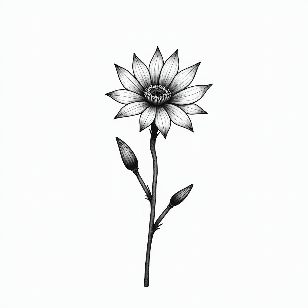 Daffodil and Delphinium with libby and Erin in the stemsin minimalist style tattoo, featuring simple shapes and fine lines, with minimal shading and details, tiny triangles, creating a sense of balance and harmony - Variation 2