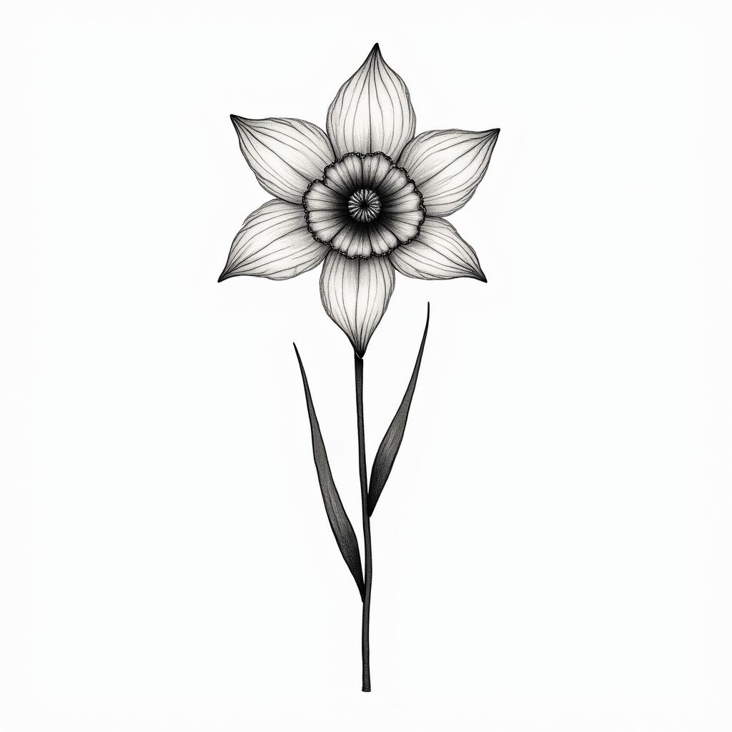 Daffodil and Delphinium with libby and Erin in the stemsin minimalist style tattoo, featuring simple shapes and fine lines, with minimal shading and details, tiny triangles, creating a sense of balance and harmony