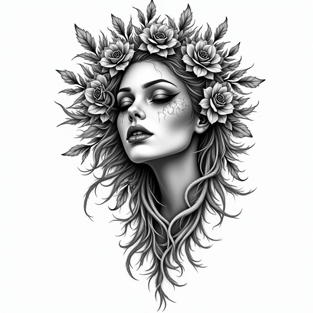 Pfingstrosein bohemian style tattoo, 8k