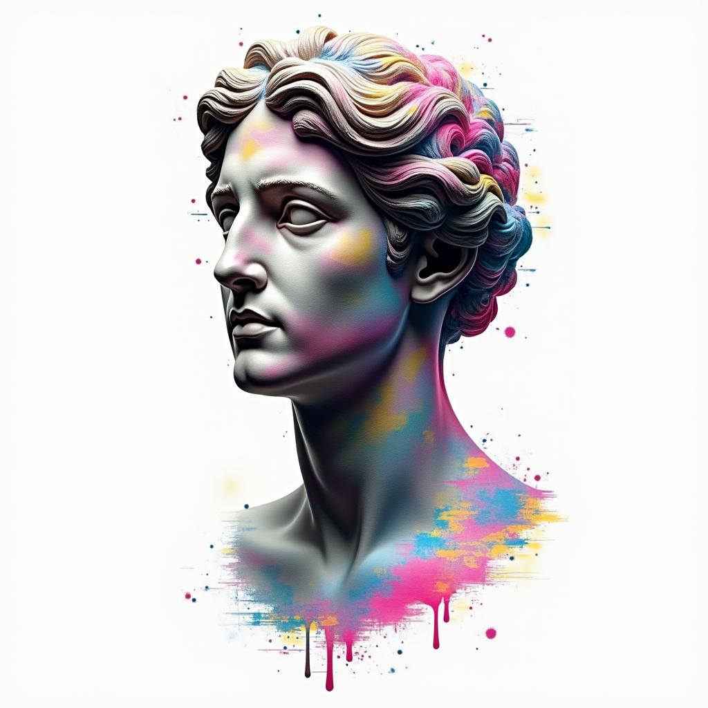 Astrologyin distorted and fragmented tattoo design, featuring a classical statue bust, in a glitch art style with vibrant, overlapping colors of cyan, magenta, and yellow, creating a digital distortion effect - Variation 3