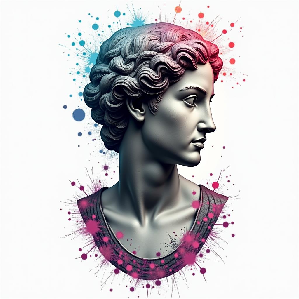 Astrologyin distorted and fragmented tattoo design, featuring a classical statue bust, in a glitch art style with vibrant, overlapping colors of cyan, magenta, and yellow, creating a digital distortion effect - Variation 4