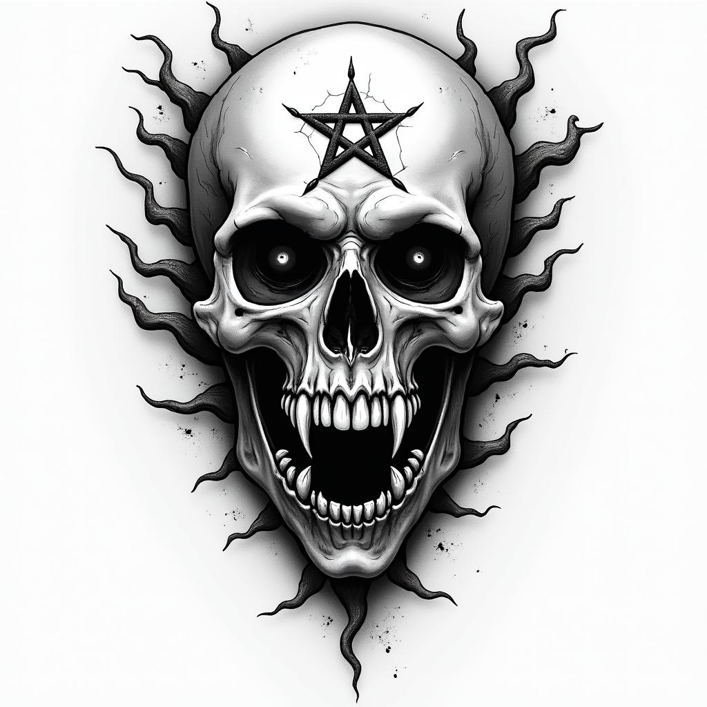 Forgotten gravecreepy horror tattoo style, featuring an eerie and unsettling skull of a demonic creature, distorted face with sharp fangs, add pentagram symbol - Variation 4