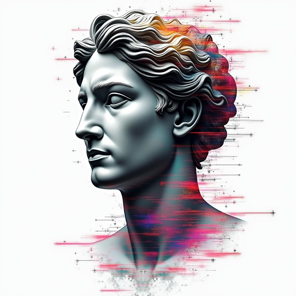 Astrologyin distorted and fragmented tattoo design, featuring a classical statue bust, in a glitch art style with vibrant, overlapping colors of cyan, magenta, and yellow, creating a digital distortion effect