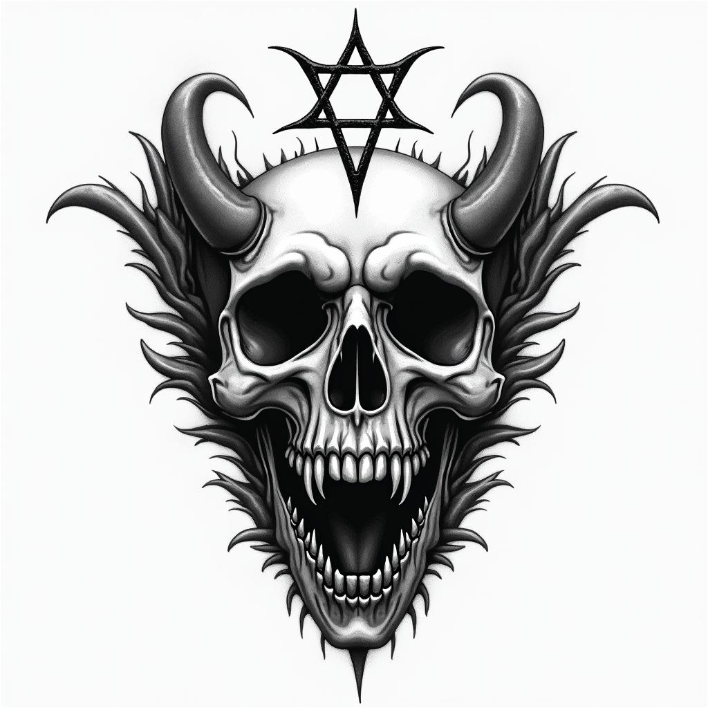 Forgotten gravecreepy horror tattoo style, featuring an eerie and unsettling skull of a demonic creature, distorted face with sharp fangs, add pentagram symbol