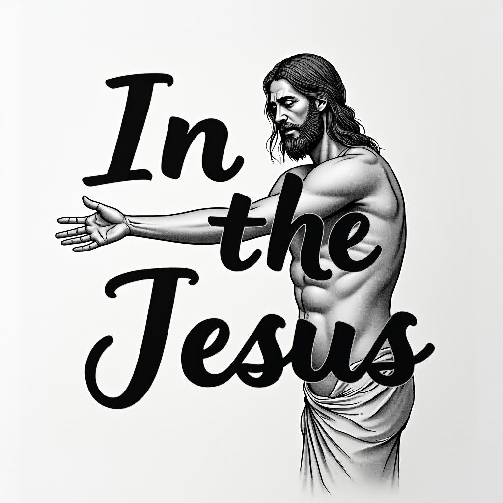 In the arm of Jesustext-based tattoo, japanese font ultra-realistic, perfectly placed, high-quality font design, photo-realistic shading, 8k, high quality, finely detailed typograph