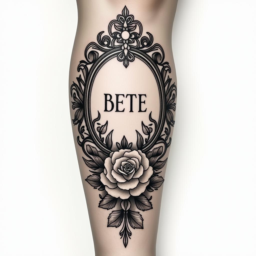 My name is BETE RENAUD. Use my name. Allude to modernity and God. It's a tattoo on the calf.in victorian style tattoo, featuring vintage and elegant elements, ornate frames, roses, antique, sepia-toned color scheme